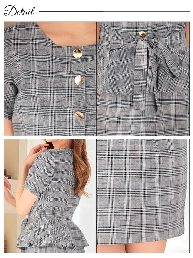 5/20再入荷! グレンチェックウエストリボンペプラムタイトミニドレス[S~LL/4サイズ展開][プチプラドレス]