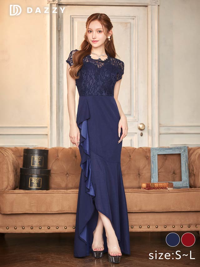 フラワーレースドレープフリルスリット半袖マーメイドロングドレス[SML/3サイズ展開]