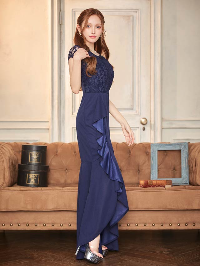 フラワーレースドレープフリルスリット半袖マーメイドロングドレス[SML/3サイズ展開]