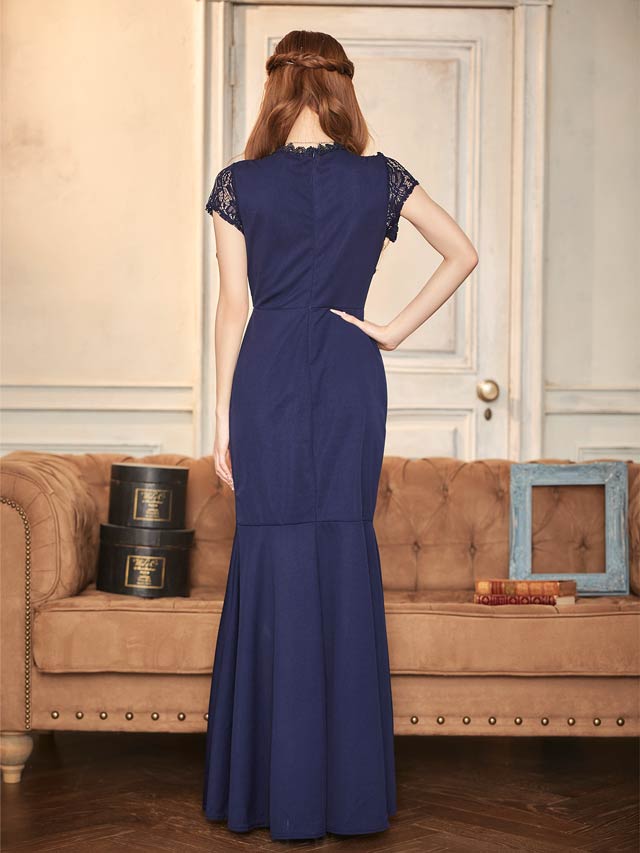 フラワーレースドレープフリルスリット半袖マーメイドロングドレス[SML/3サイズ展開]