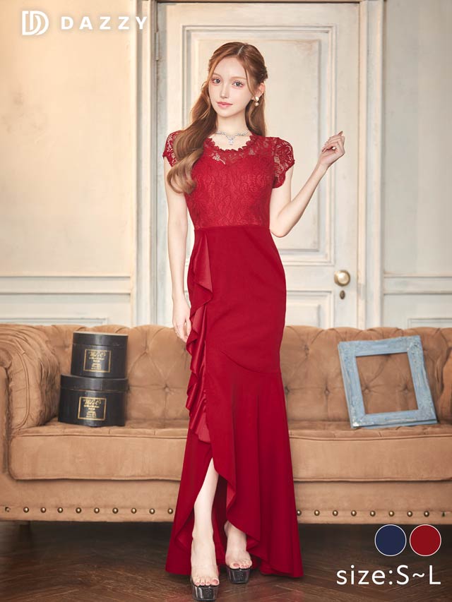 フラワーレースドレープフリルスリット半袖マーメイドロングドレス[SML/3サイズ展開]