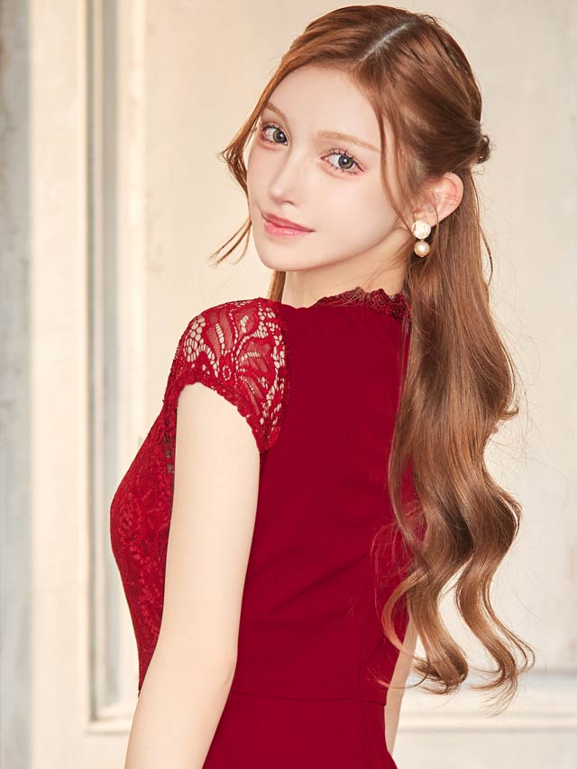 フラワーレースドレープフリルスリット半袖マーメイドロングドレス[SML/3サイズ展開]