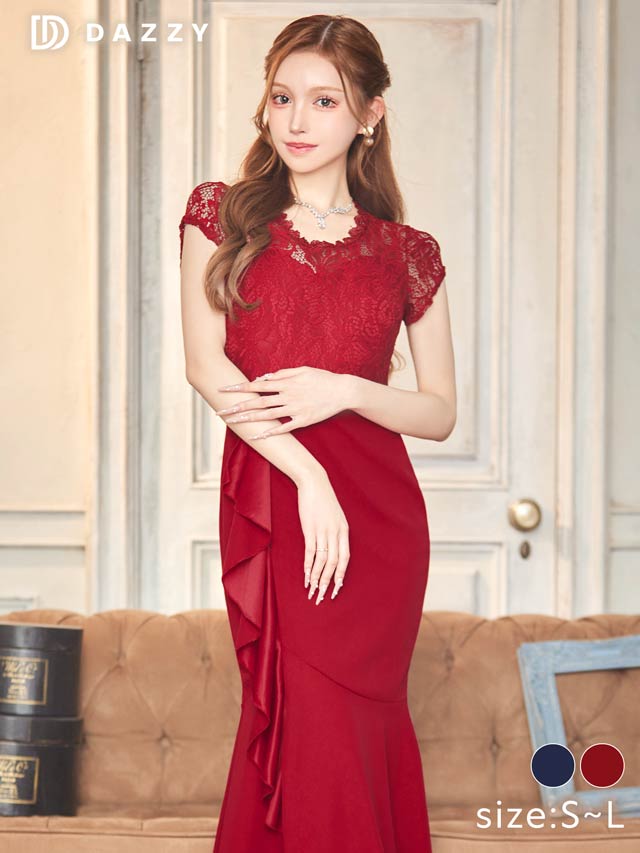 フラワーレースドレープフリルスリット半袖マーメイドロングドレス[SML/3サイズ展開]