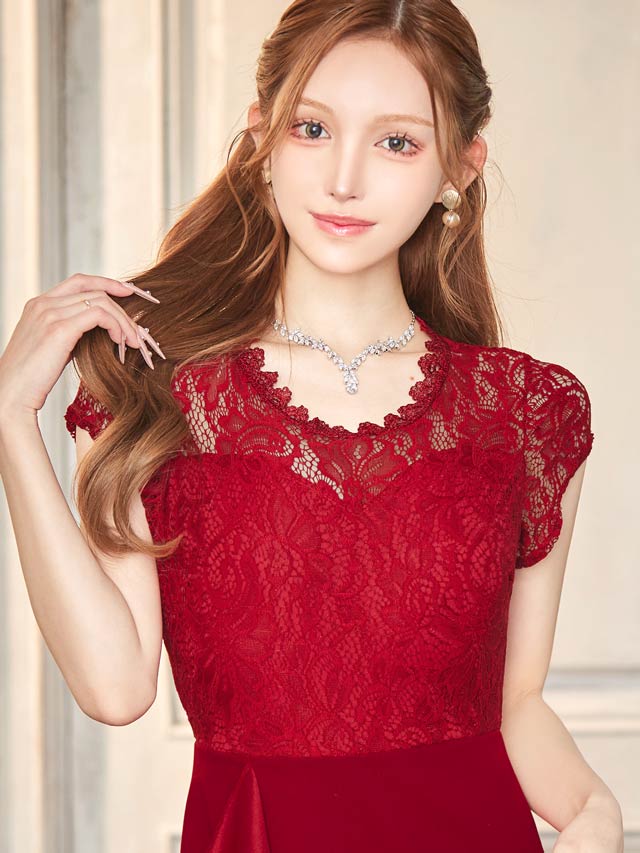 フラワーレースドレープフリルスリット半袖マーメイドロングドレス[SML/3サイズ展開]