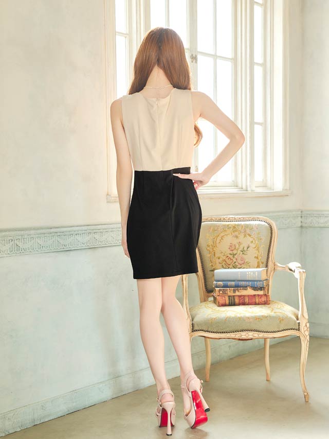 [SMLサイズ]バイカラードレープノースリーブタイトミニドレス[3サイズ展開][プチプラドレス]