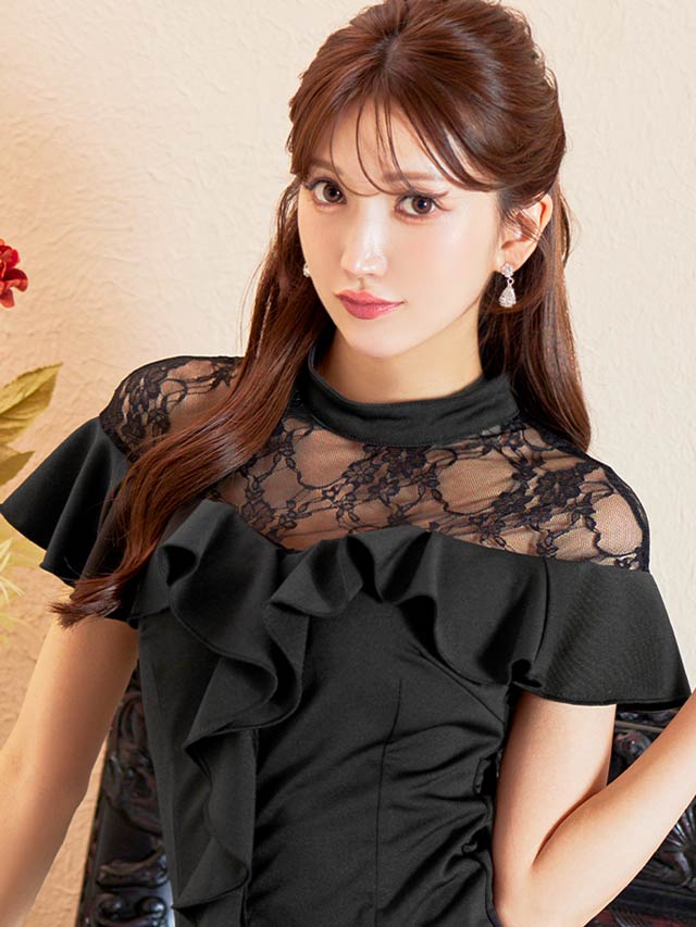 [SMLサイズ]ハイネックドッキングレースドレープフリル袖タイトミニドレス[3サイズ展開][LIVE紹介]