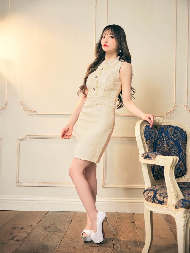 フリンジツイードノースリーブタイトミニドレス[XS~L/4サイズ展開]