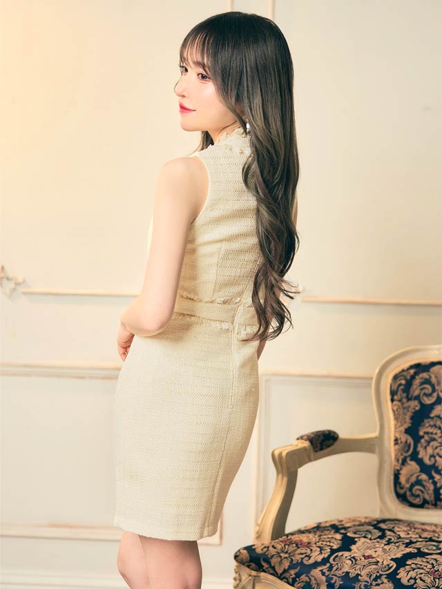 フリンジツイードノースリーブタイトミニドレス[XS~L/4サイズ展開]