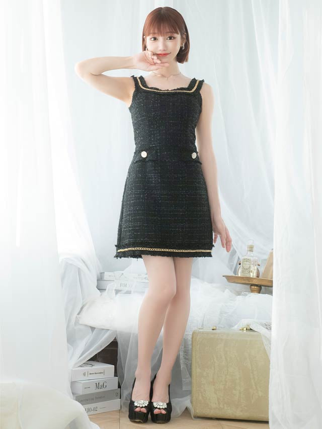 明日花キララ着用[SMLサイズ]ツイードチェーンノースリーブAラインミニドレス[3サイズ展開]