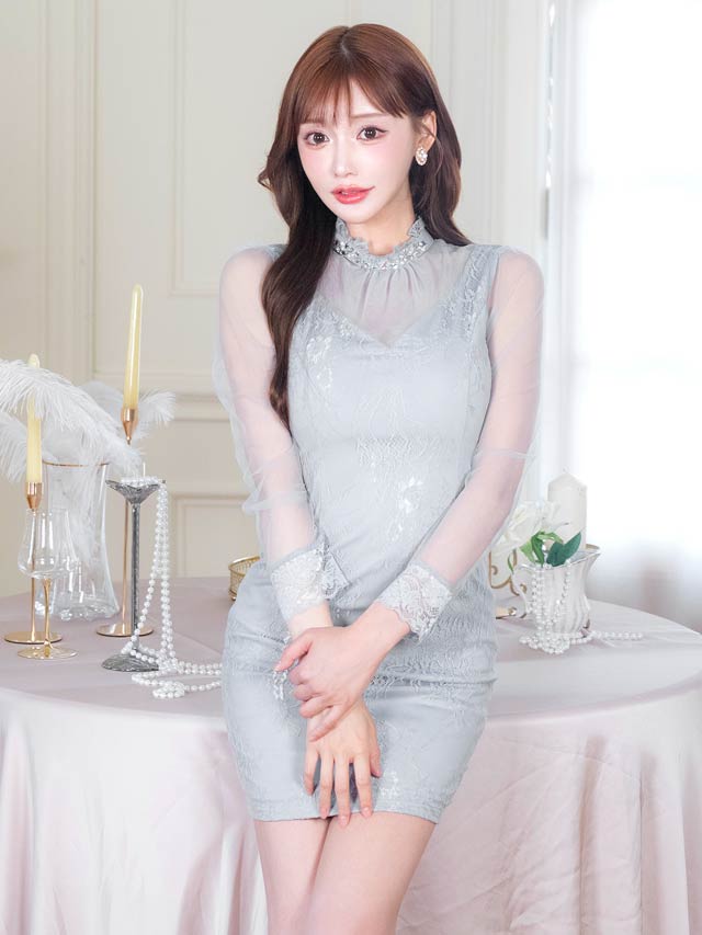 5/27再入荷! ハイネックビジュードッキングレース長袖タイトミニドレス[SML/3サイズ展開][明日花キララ着用]