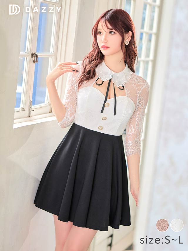 [SMLサイズ]ネックリボンフラワーレース襟付きAラインミニドレス[3サイズ展開]