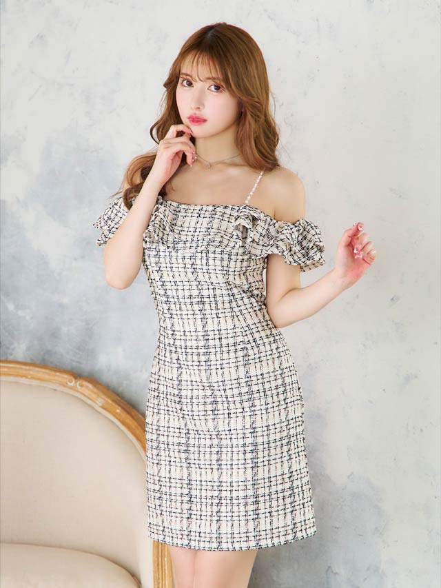 パールストラップツイードフリルオフショルタイトミニドレス[SML/3サイズ展開]