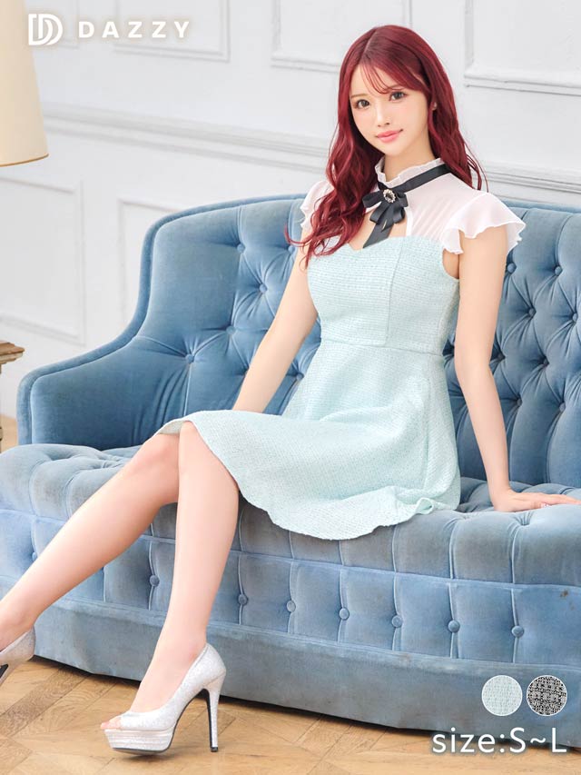 [SMLサイズ]フリルネックツイードシフォンAラインミニドレス[3サイズ展開]