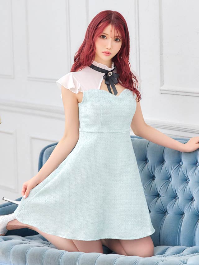 [SMLサイズ]フリルネックツイードシフォンAラインミニドレス[3サイズ展開]