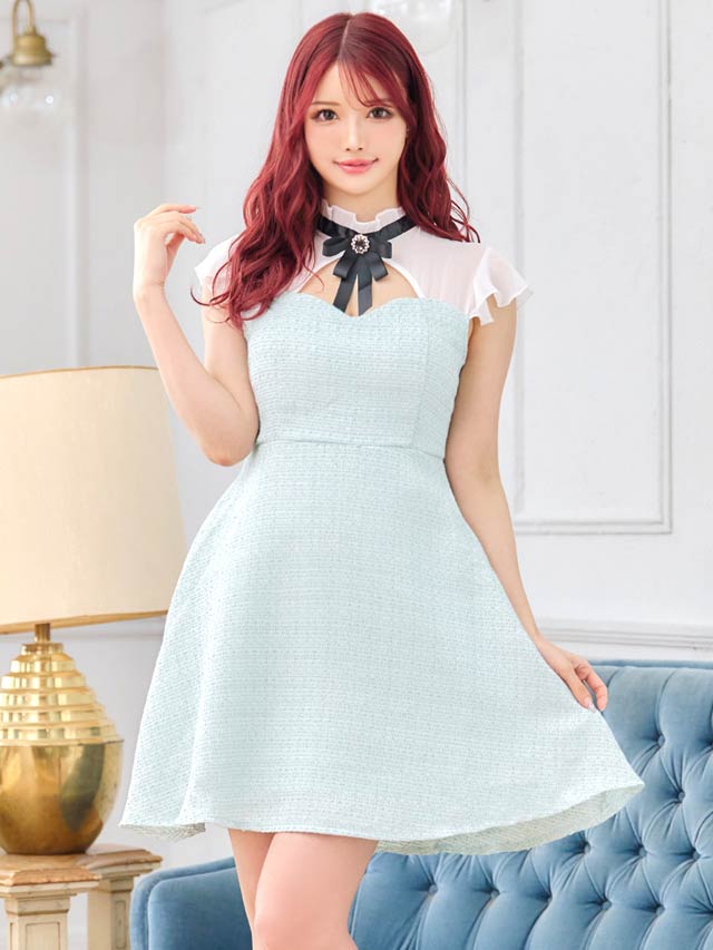 [SMLサイズ]フリルネックツイードシフォンAラインミニドレス[3サイズ展開]