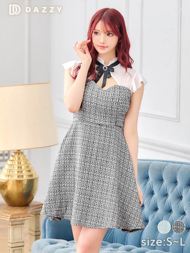 [SMLサイズ]フリルネックツイードシフォンAラインミニドレス[3サイズ展開]