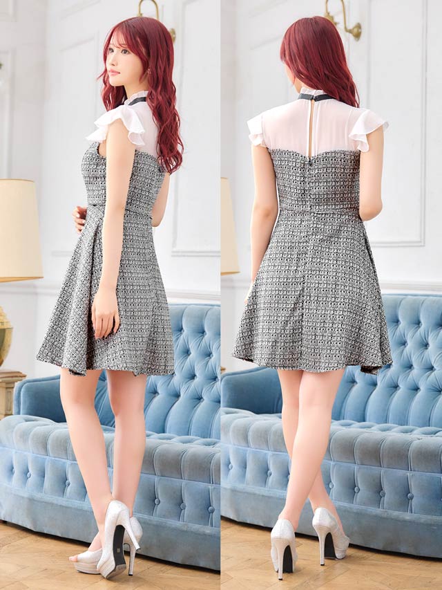 [SMLサイズ]フリルネックツイードシフォンAラインミニドレス[3サイズ展開]