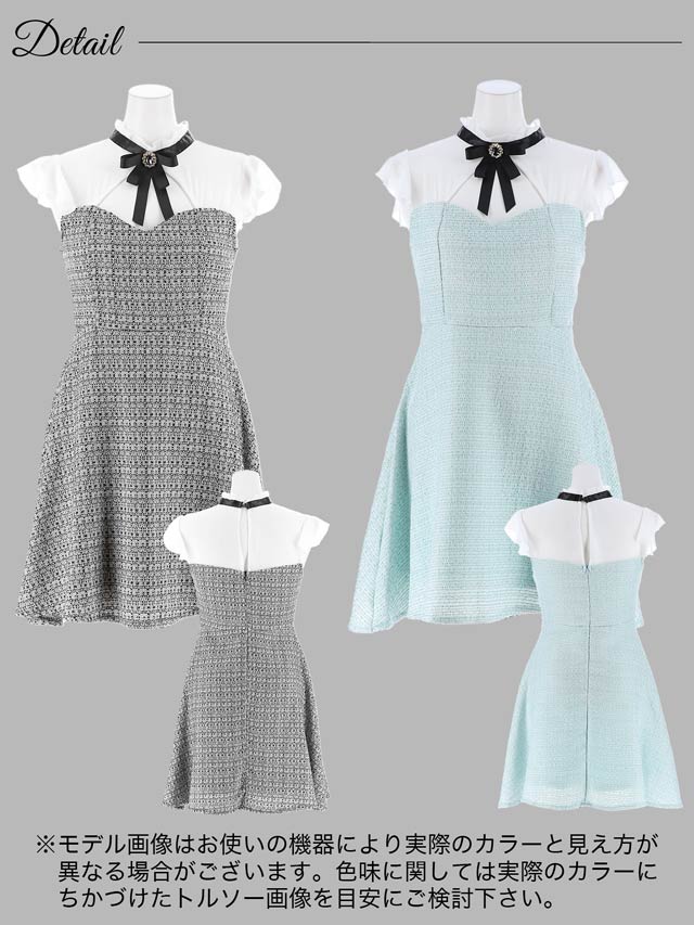 [SMLサイズ]フリルネックツイードシフォンAラインミニドレス[3サイズ展開]