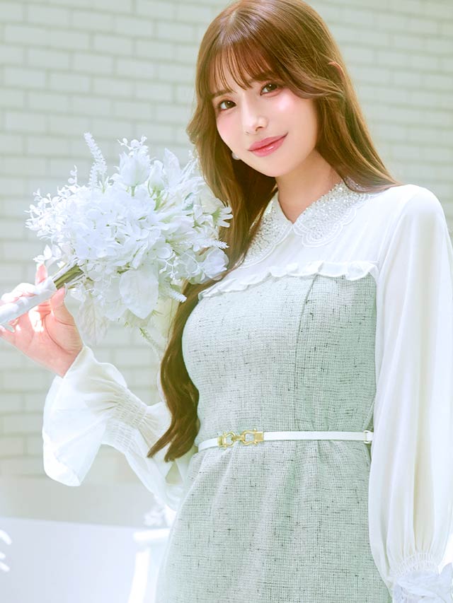 [SMLサイズ]ドッキングツイードフリル襟付きベルト長袖マーメイドミニドレス[3サイズ展開]