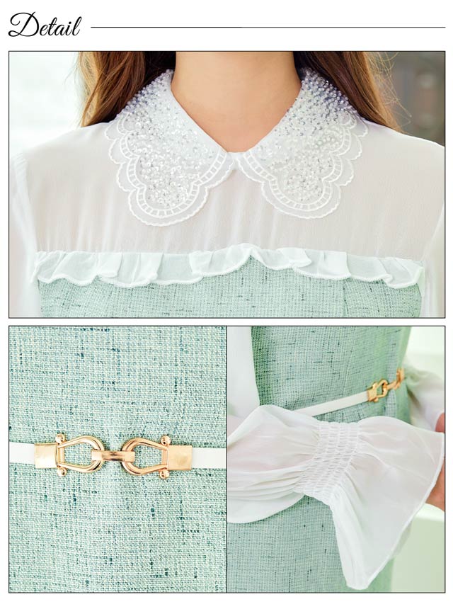 [SMLサイズ]ドッキングツイードフリル襟付きベルト長袖マーメイドミニドレス[3サイズ展開]