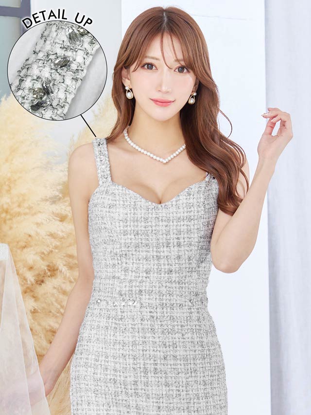 [SMLサイズ]パステルツイードチェックビジューノースリーブタイトミニドレス[3サイズ展開]