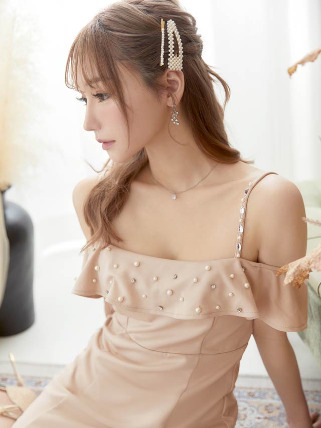 [SMLサイズ]ビジューオフショルラインストーンタイトミニドレス[3サイズ展開]