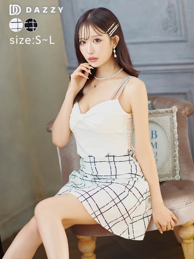 [SMLサイズ]キャミソールフロントリボンチェック柄Aラインミニドレス[3サイズ展開][LIVE紹介][伊藤桃々着用]