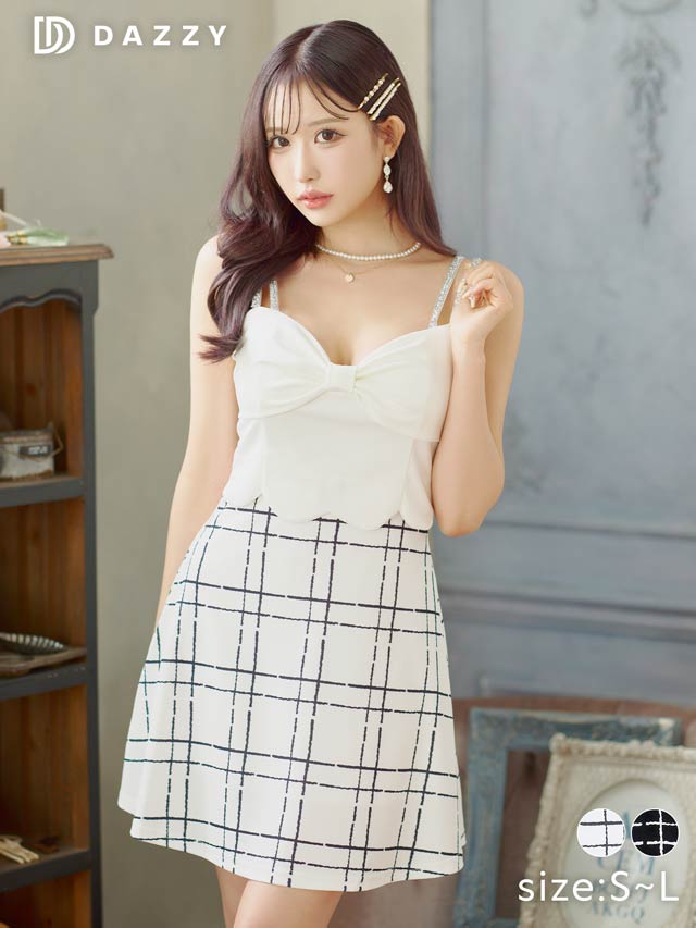 [SMLサイズ]キャミソールフロントリボンチェック柄Aラインミニドレス[3サイズ展開][LIVE紹介][伊藤桃々着用]