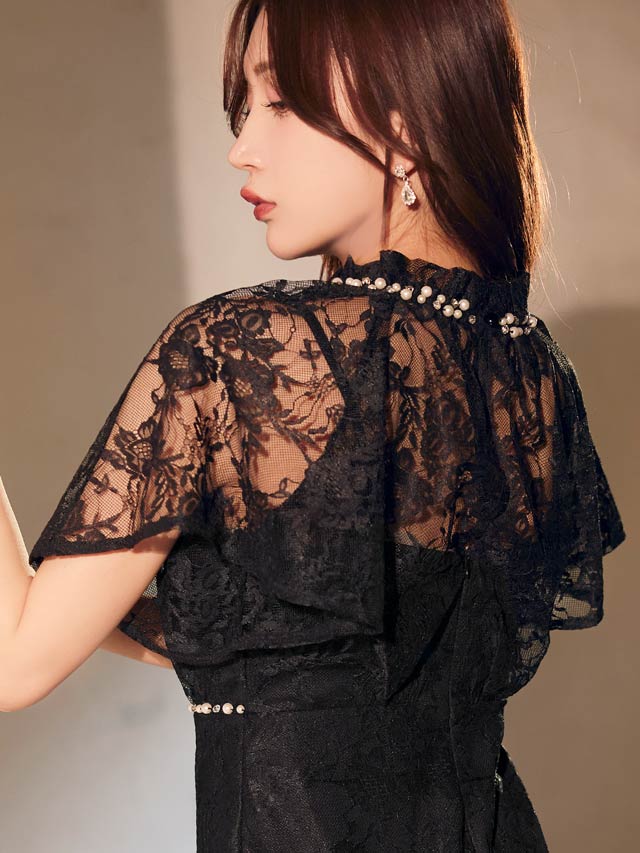 [SMLサイズ]フラワーレースパールビジューフレアスリーブタイトミニドレス[3サイズ展開]