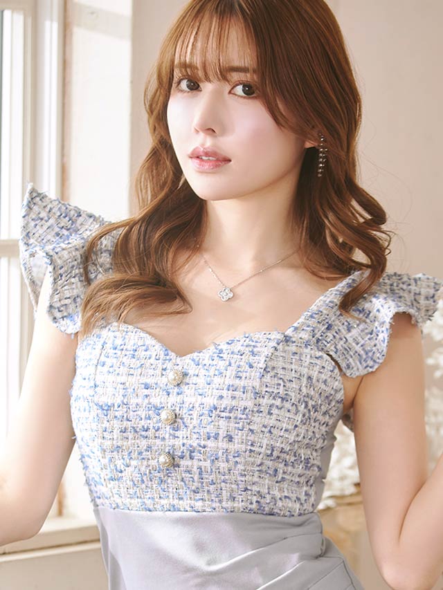 フリルスリーブツイードアシメタイトミニドレス[XS~L/4サイズ展開]