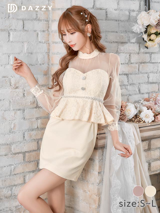 5/20再入荷! レースペプラムウエストビジュー付きチュール七分袖タイトミニドレス[SML/3サイズ展開]