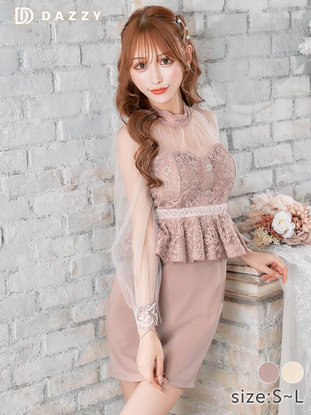 5/20再入荷! レースペプラムウエストビジュー付きチュール七分袖タイトミニドレス[SML/3サイズ展開]