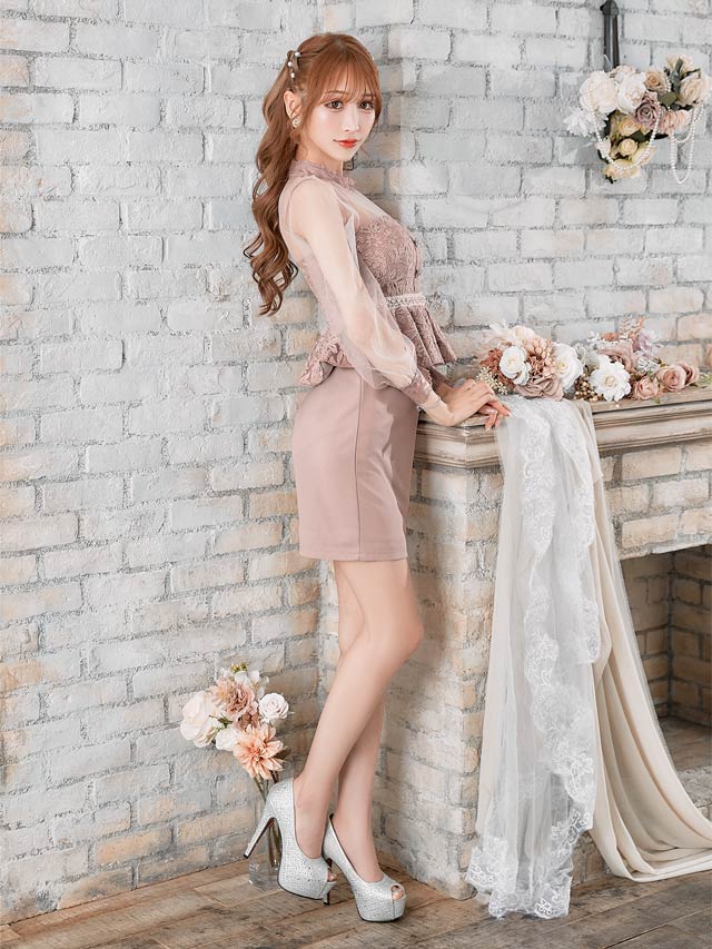 5/20再入荷! レースペプラムウエストビジュー付きチュール七分袖タイトミニドレス[SML/3サイズ展開]