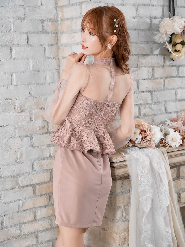 5/20再入荷! レースペプラムウエストビジュー付きチュール七分袖タイトミニドレス[SML/3サイズ展開]