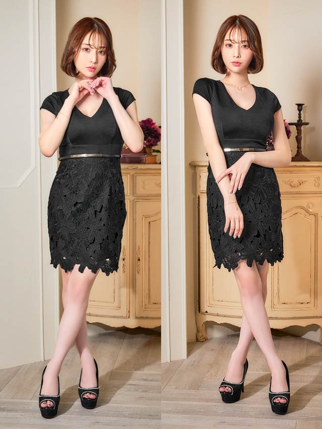 [SMLサイズ]Vネックフラワー刺繍メタリックベルト付きタイトミニドレス[3サイズ展開]