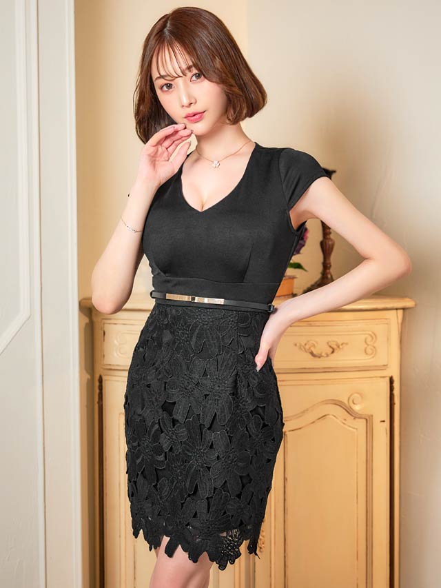 [SMLサイズ]Vネックフラワー刺繍メタリックベルト付きタイトミニドレス[3サイズ展開]