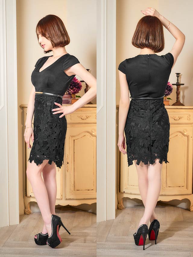 [SMLサイズ]Vネックフラワー刺繍メタリックベルト付きタイトミニドレス[3サイズ展開]