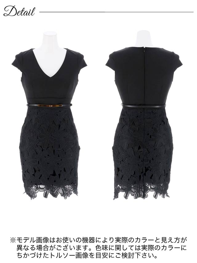 [SMLサイズ]Vネックフラワー刺繍メタリックベルト付きタイトミニドレス[3サイズ展開]