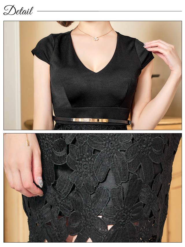 [SMLサイズ]Vネックフラワー刺繍メタリックベルト付きタイトミニドレス[3サイズ展開]