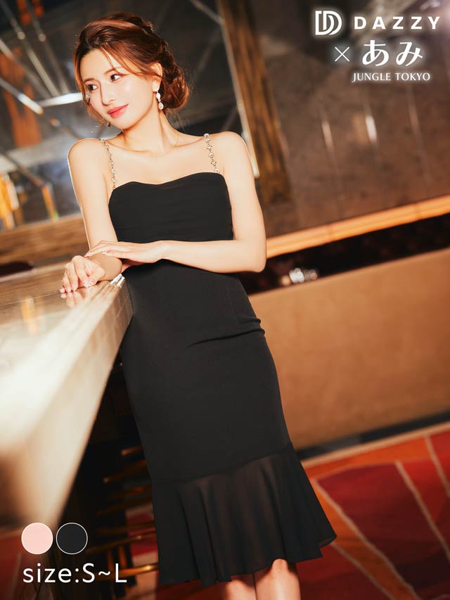 ビジューキャミソールドレープシフォンマーメイド膝丈ワンピース[SML/3サイズ展開]