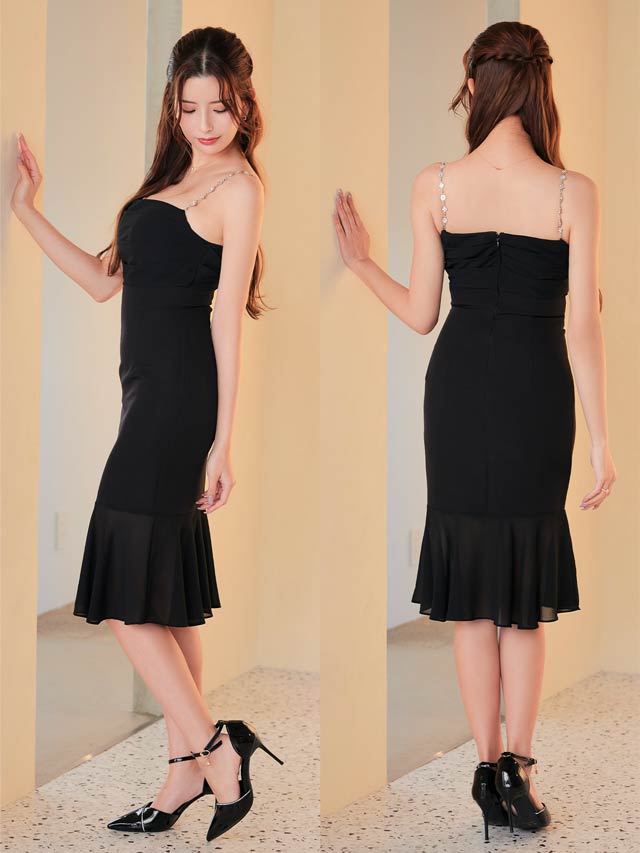 ビジューキャミソールドレープシフォンマーメイド膝丈ワンピース[SML/3サイズ展開]