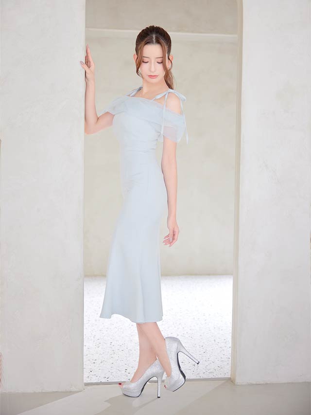 オーガンジーオフショルリボン膝丈マーメイドワンピース [XS~L/4サイズ展開]