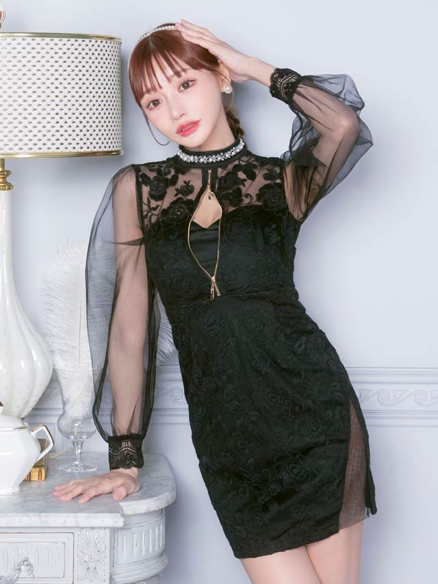 7/22再入荷! パールネックフラワー刺繍フロントジップタイトミニドレス[XS~L/4サイズ展開][明日花キララ着用]