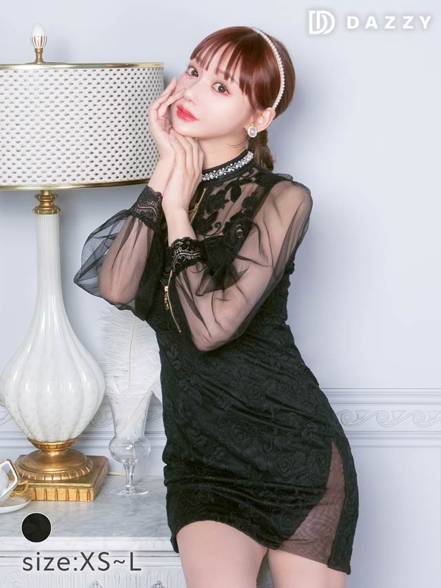 7/22再入荷! パールネックフラワー刺繍フロントジップタイトミニドレス[XS~L/4サイズ展開][明日花キララ着用]