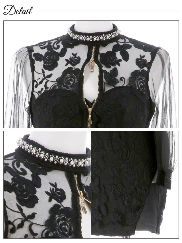 7/22再入荷! パールネックフラワー刺繍フロントジップタイトミニドレス[XS~L/4サイズ展開][明日花キララ着用]