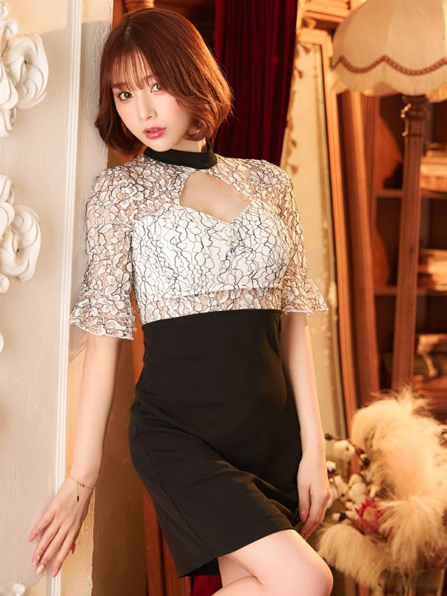 5/31UP[SMLサイズ]ハイネックチャームフラワーレース五分袖タイトミニドレス[3サイズ展開]