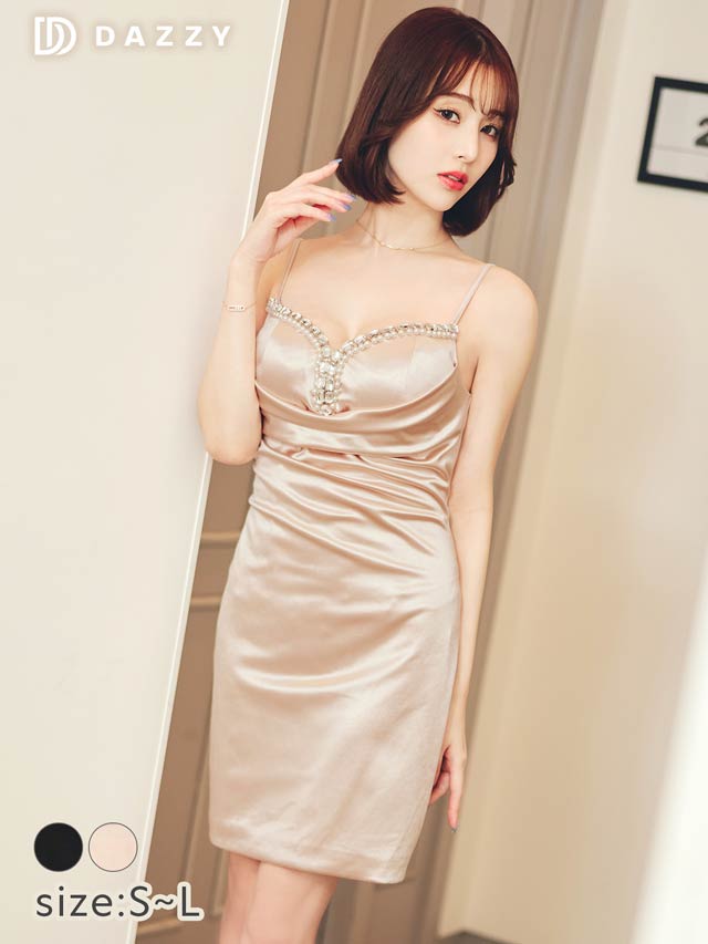 [SMLサイズ]パールビジューラインサテンキャミソールタイトミニドレス[3サイズ展開]