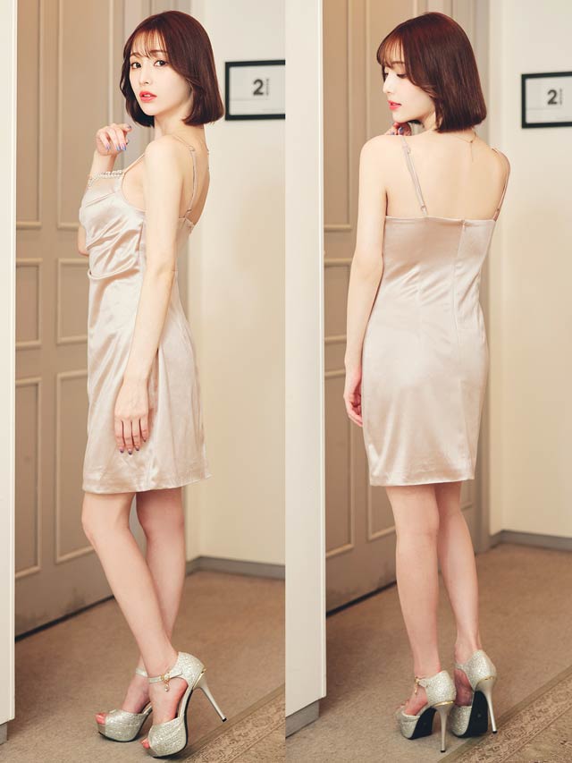 [SMLサイズ]パールビジューラインサテンキャミソールタイトミニドレス[3サイズ展開]