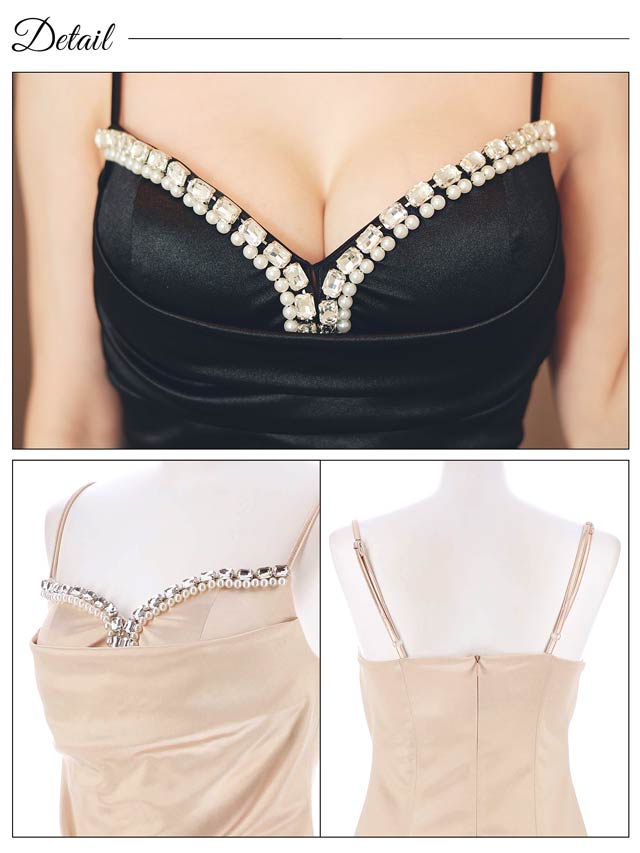 [SMLサイズ]パールビジューラインサテンキャミソールタイトミニドレス[3サイズ展開]