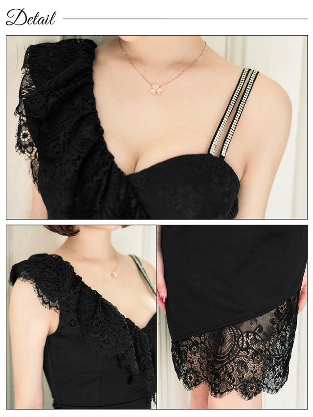 [SMLサイズ]レースフリルアシンメトリーショルダータイトミニドレス[3サイズ展開]